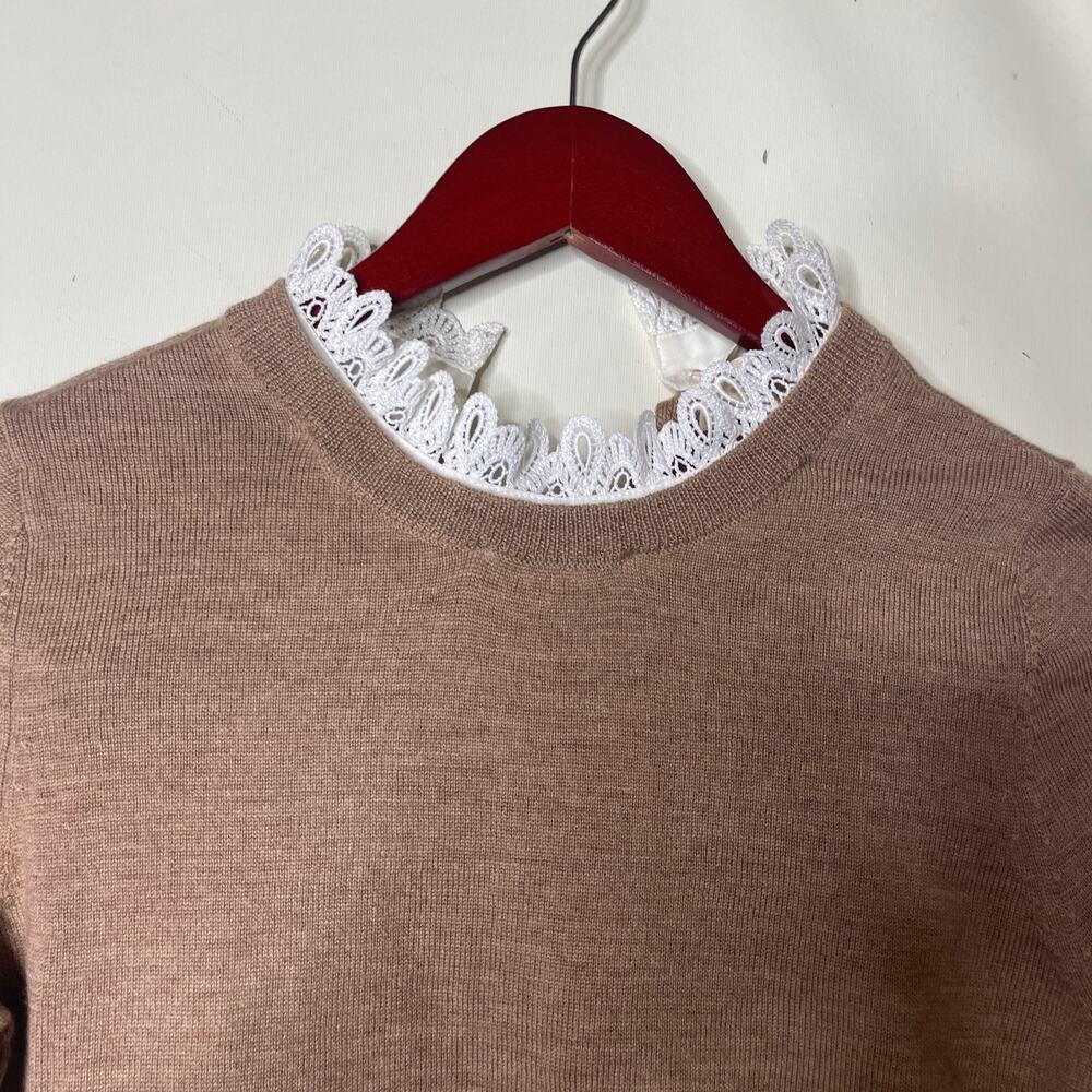 Sezane Eduardo camel latte merino wool jumper white lace collar XS - Picture 6 of 10